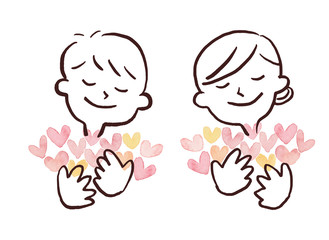 Illustration of men and women holding a lot of hearts