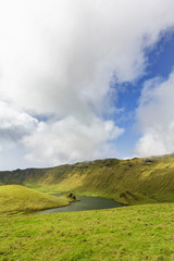 Various geologic formations in the basin of the Corvo caldera on the island of Corvo in the Azores, Portugal.