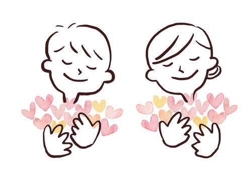 Illustration of men and women holding a lot of hearts