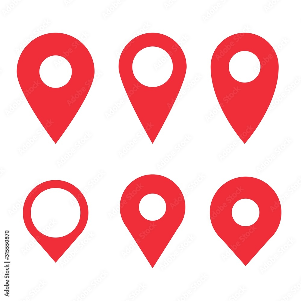 Poster red pin icon set. gps pointer mark. location map symbol in different forms.