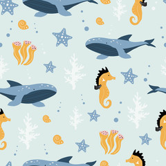 Seamless pattern with a whale, starfish and seahorse on a blue background. Vector illustration for printing on fabric, packaging paper, postcard, banner. Cute children's background.
