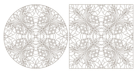 Set of contour illustrations with abstract floral patterns, round and square image, dark contours on white background