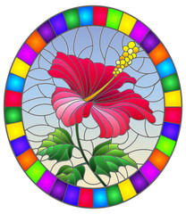 Illustration in stained glass style with flower, buds and leaves of pink hibiscus on sky background, oval image in bright frame