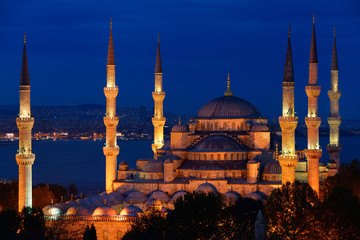 Lit Blue Mosque at dusk on the Bosphorus Sultanahmet Istanbul Turkey
