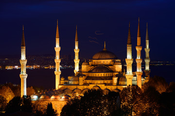 The Blue Mosque lit at twilight on the Bosphorus in Sultanahmet Istanbul Turkey