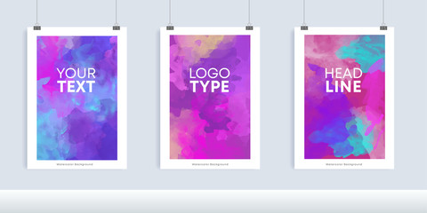 Vector purple watercolor background poster mockup template set
