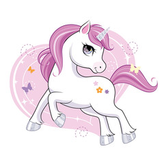 Cute little unicorn character over pink background. Vector. © trikenirreligious