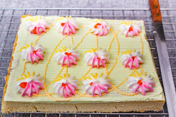 Cake with colorful cream and jam.