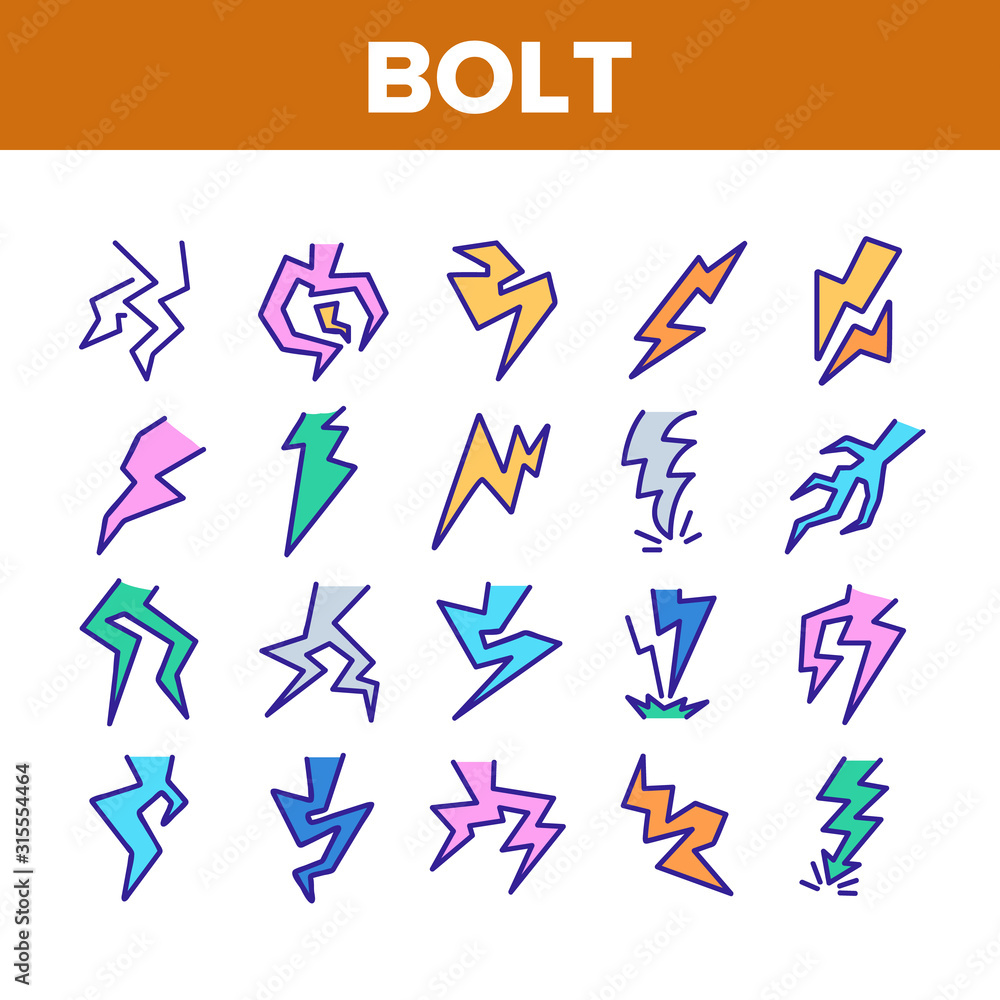 Poster bolt lightning flash collection icons set vector thin line. electric thunderbolt and dangerous light