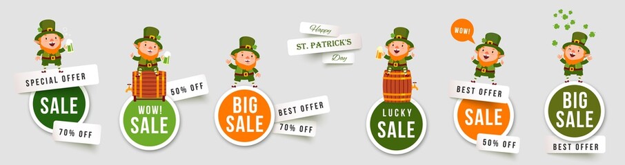 Saint Patricks Day sale isolated stickers with leprechauns. Set of paper cut vector banners with funny traditional characters. Collection of elements for holiday promotions and discounts - 315554657