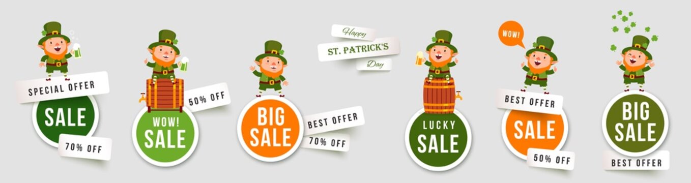 Saint Patricks Day sale isolated stickers with leprechauns. Set of paper cut vector banners with funny traditional characters. Collection of elements for holiday promotions and discounts
