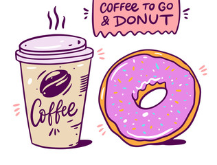 Vector doodle style illustration of a coffee cup with steam and a pink donut. Coffee written on the cup. Whimsical and charming, perfect for cafe decor.