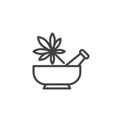 Hemp bowl line icon. linear style sign for mobile concept and web design. Medical marijuana with a mortar and pestle outline vector icon. Drug store symbol, logo illustration. Vector graphics