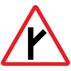 Y intersection right traffic sign vector. Red triangle background. Roadways traffic signal post.