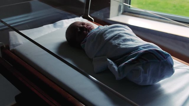 Adorable Sleeping Newborn Baby Swaddled by Hospital Window