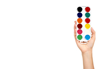 Palette with watercolors. Multicolor paints, draw supply.