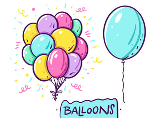 Cute balloons in a bunch and one blue balloon set. Vector illustration in cartoon style. Isolated on white background.