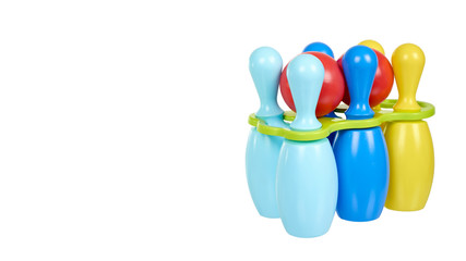 Plastic colored skittles for bowling game. Kids toy.