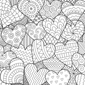 Line art of many hearts for background, Valentines cards,posters and adult coloring book page. Vector illustration
