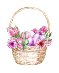  Easter basket with eggs, flowers.