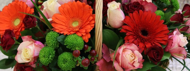 Flower arrangements. Beautiful bouquets for the holidays. Floral background, copy space. Valentines day gifts