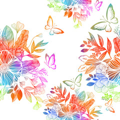 Fototapeta na wymiar Rainbow abstract flower with butterflies. Mixed media. Seamless background. Vector illustration