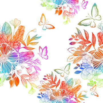 Rainbow abstract flower with butterflies. Mixed media. Seamless background. Vector illustration