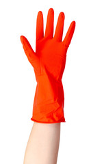 Obraz premium Red rubber glove, protection for skin. Isolated on white.