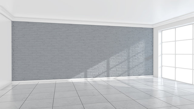 White brick wall background in room. Texture horizontal wallpaper. 3d illustration.