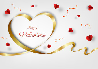 festival celebration, happy valentine's day, heart shape gold ribbon background, red love paper, special banner, invitation card, Isolated object vector design