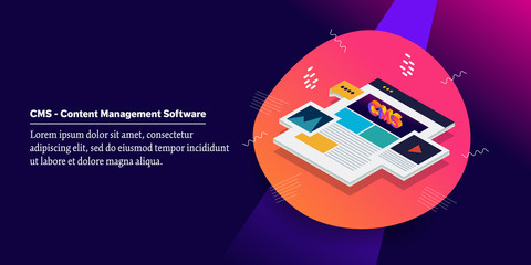 Isometric design concept of cms, content management system,  business internet and digital marketing vector, web banner.