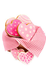 set of pink heart shaped cookies with patterns, handmade