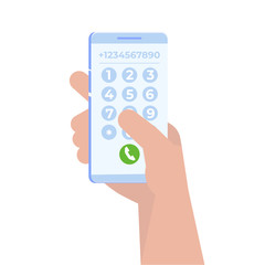 Hand with smartphone dialing, Dial number, connection concept. Vector illustration.