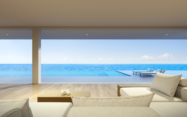 Obraz na płótnie Canvas Perspective of modern luxury living room with white sofa and infinity pool on sea view background, semi-outdoor, Idea of large window design. 3D rendering.