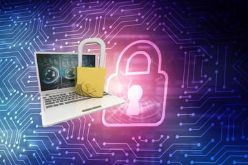 3d illustration Safety concept: Closed Padlock with laptop on digital background