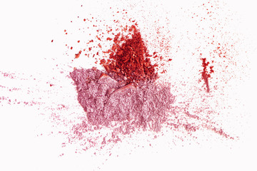 Makeup cosmetics. Eyeshadow crushed palette, colourful eye shadow powder on light background