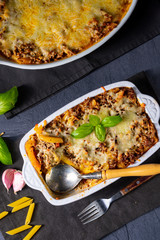 noodle , minced meat casserole with cheese