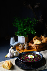 Delicious beetroot borscht with egg