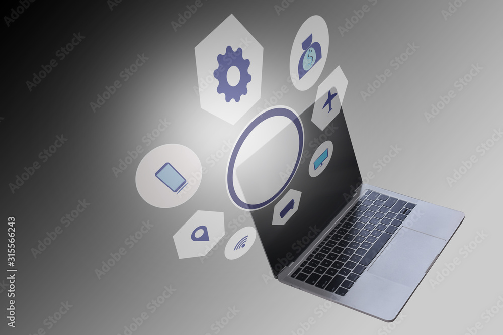 Poster laptop computer notebook on desk in office internet technology work online connection