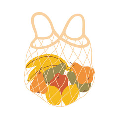 Mesh eco bag full of fresh fruit (lemon, avocado, banana, pear). Modern shopping bag with fresh organic food from local market isolated on white background. Vector illustration in flat cartoon style.
