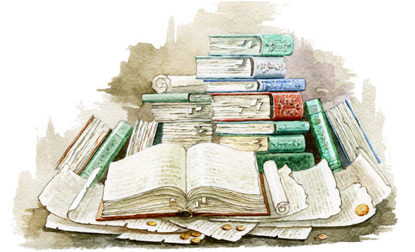 Old books and folios on the table, watercolor illustration. Book volumes and scrolls.