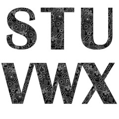 Alphabet in black and white in the style of collage hearts, white background, vector