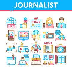 Journalist Reporter Collection Icons Set Vector Thin Line. Journalist And Hand With Microphone, Video And Photo Camera, Press And Live News Concept Linear Pictograms. Color Contour Illustrations