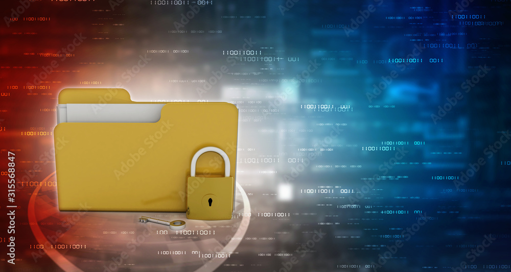 Poster yellow folder and lock. data security concept. 3d rendering