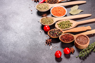 A set of spices and herbs. Indian cuisine. Pepper, salt, paprika, basil and other on a dark background