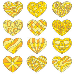 Vector set of abstract hand drawn yellow hearts for Valentine's day
