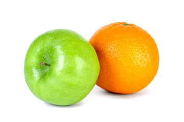 Green apple and orange isolated on white background