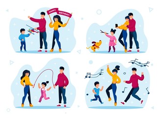 Preschooler Children Active Life, Happy Parenthood Trendy Flat Vector Concepts Set. Parents with Child Celebrating Birthday, Making Memorable Photos, Launching Kite, Dancing Together Illustrations