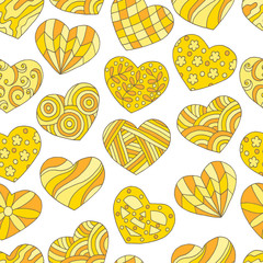 Seamless pattern of abstract hand-drawn yellow hearts for Valentine's day
