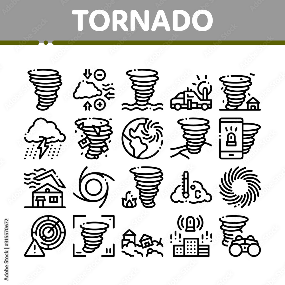 Canvas Prints Tornado And Hurricane Collection Icons Set Vector Thin Line. Tornado Blowing House Roof, Cyclone On Planet Globe, Twister Weather Concept Linear Pictograms. Monochrome Contour Illustrations